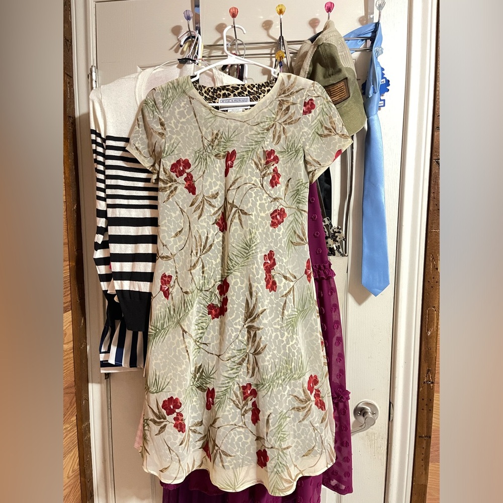 Vintage 90s Jessica Howard Petite Sheer Floral & Leopard Print Shift Dress size6